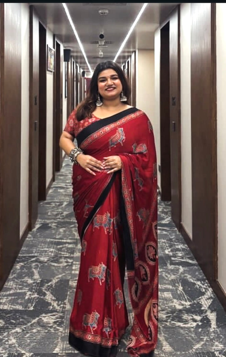 MADDER RED & INDIGO PICHWAI NANDI - AJRAKH HAND BLOCK PRINTED MODAL SILK SAREE