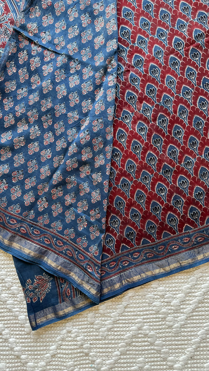 LOTUS PANES - MADDER RED AND INDIGO AJRAKH HAND BLOCK PRINTED SILK COTTON SAREE