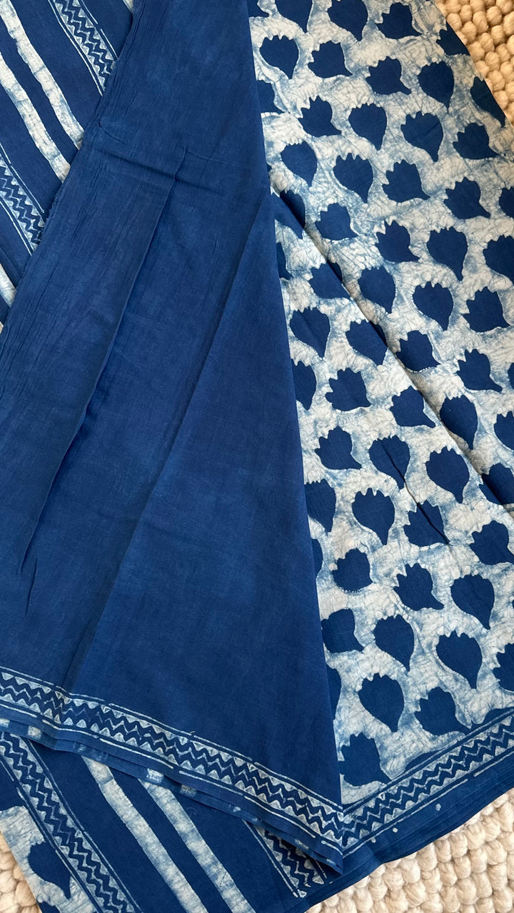 AKOLA INDIGO HAND BLOCK DABU PRINTED SOFT MULMUL COTTON SAREE- 028