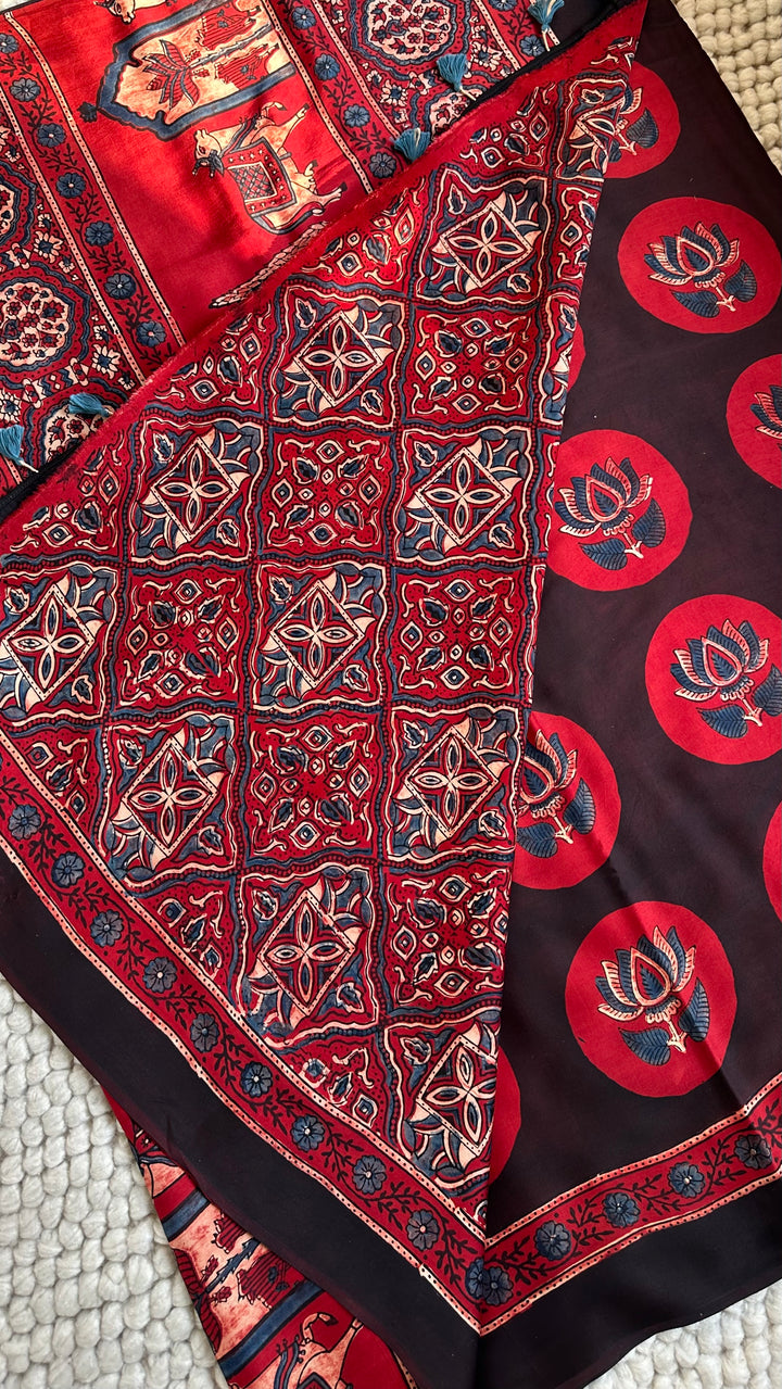 POLKA LOTUS - AJRAKH HAND BLOCK PRINTED PREMIUM MODAL SILK SAREE (ONLY AVAILABLE ON PRE-ORDER - DISPATCH TIME IS 30-35 DAYS)