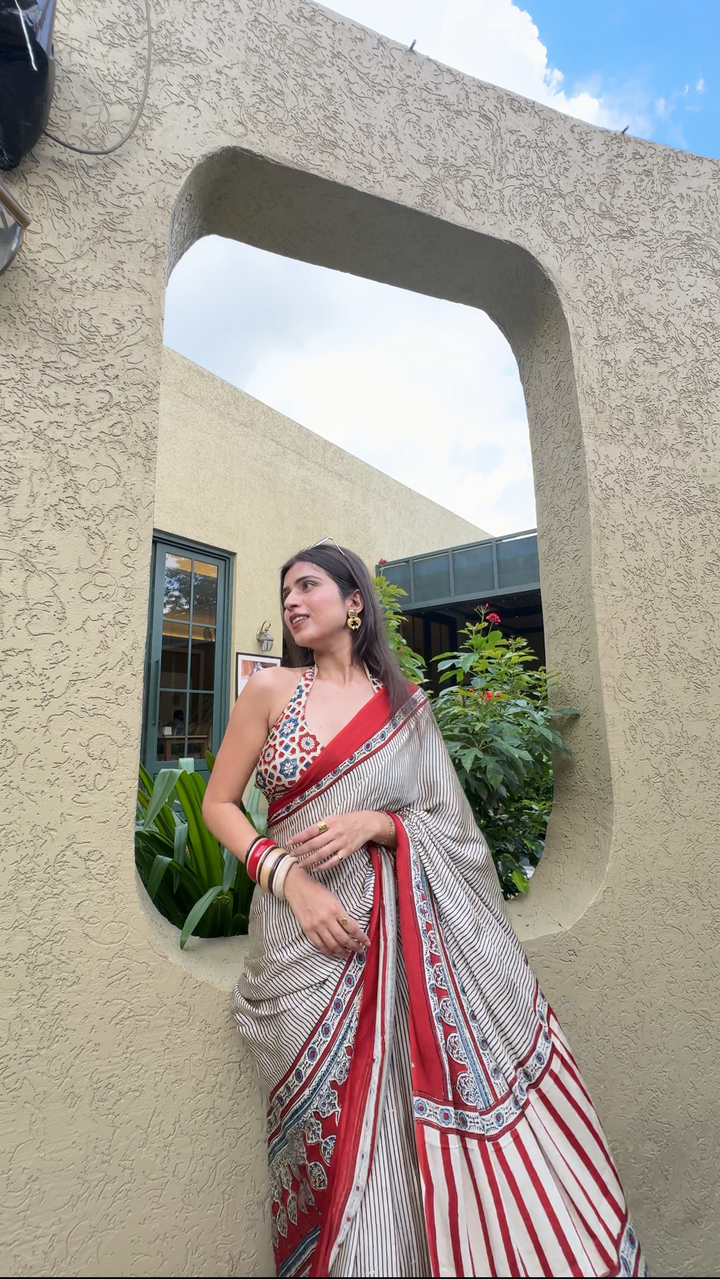 THE CLASSIC STRIPES - AJRAKH HAND BLOCK PRINTED MODAL SILK SAREE (ONLY AVAILABLE ON PRE-ORDER - DISPATCH TIME IS 30-35 DAYS)