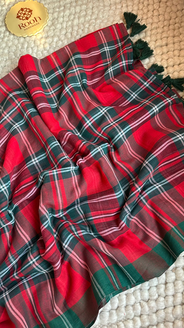 MULTICOLOUR CHECKS PURE SUPER SOFT MULMUL COTTON SAREE - 018