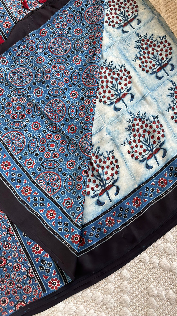 INDIGO PANES - PREMIUM AJRAKH HAND BLOCK PRINTED MODAL SILK SAREE
