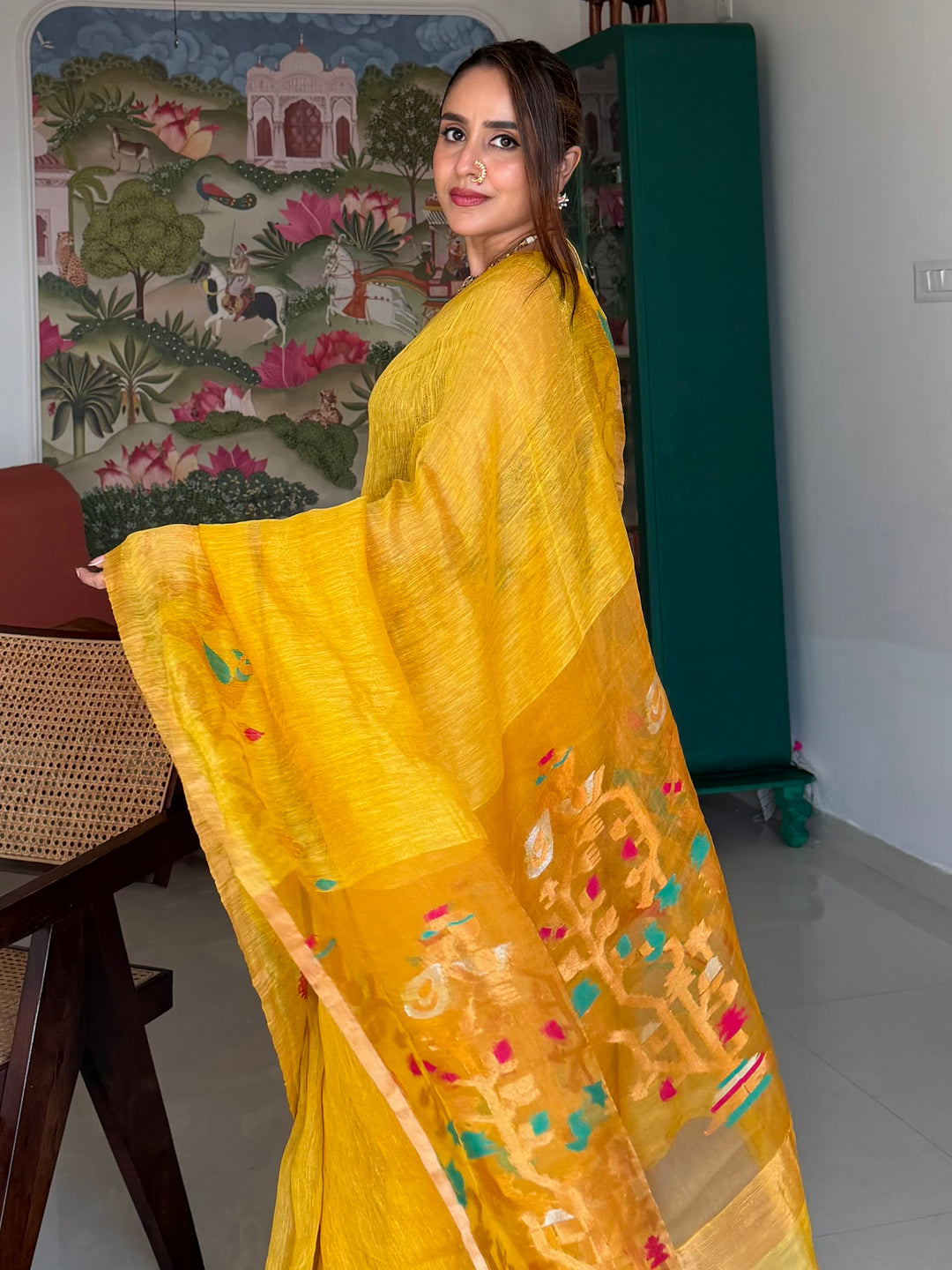 SUPER PREMIUM HANDWOVEN JAYASHREE LINEN BY TISSUE SILK NEEDLE-WORK JAMDANI SAREE - MUSTARD YELLOW