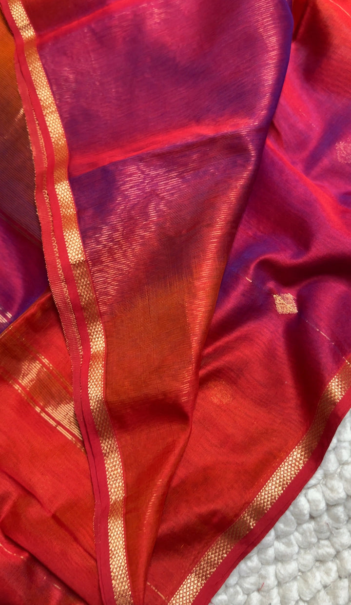 PURPLE & ORANGE DUAL TONE- PREMIUM HANDWOVEN MAHESHWARI SILK BY COTTON SAREE (DISPATCH TIME IS 15-20 DAYS)