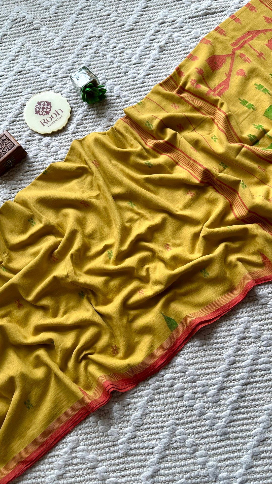 PREMIUM JAMDANI WEAVE HANDWOVEN AND HANDSPUN COTTON SAREE -  AMBER YELLOW