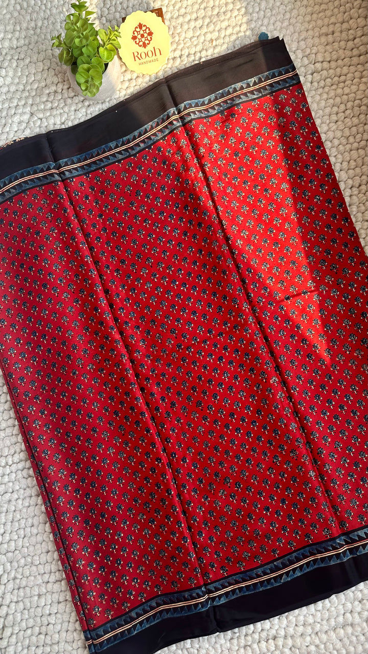LOTUS ON MADDER RED - PREMIUM AJRAKH HAND BLOCK PRINTED PREMIUM MODAL SILK SAREE