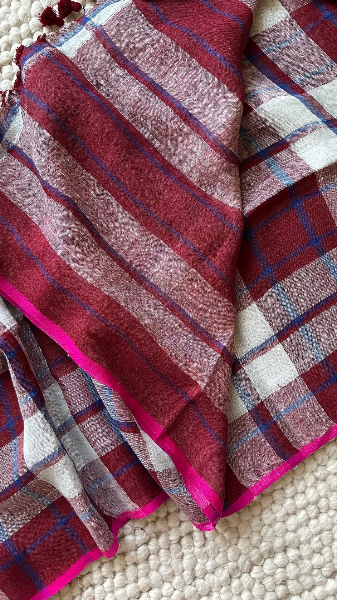 Multi Colour Checked Pure Handwoven Linen Saree - 007