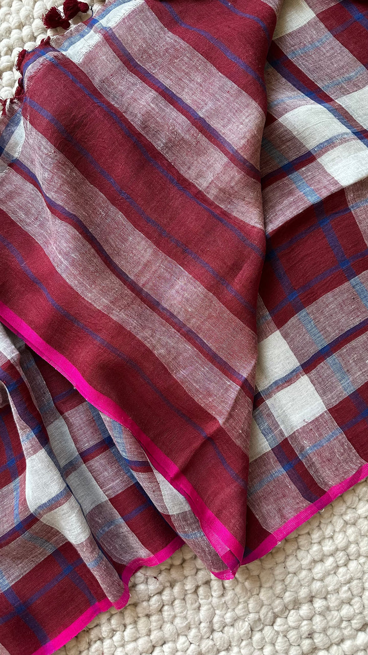Multi Colour Checked Pure Handwoven Linen Saree - 007