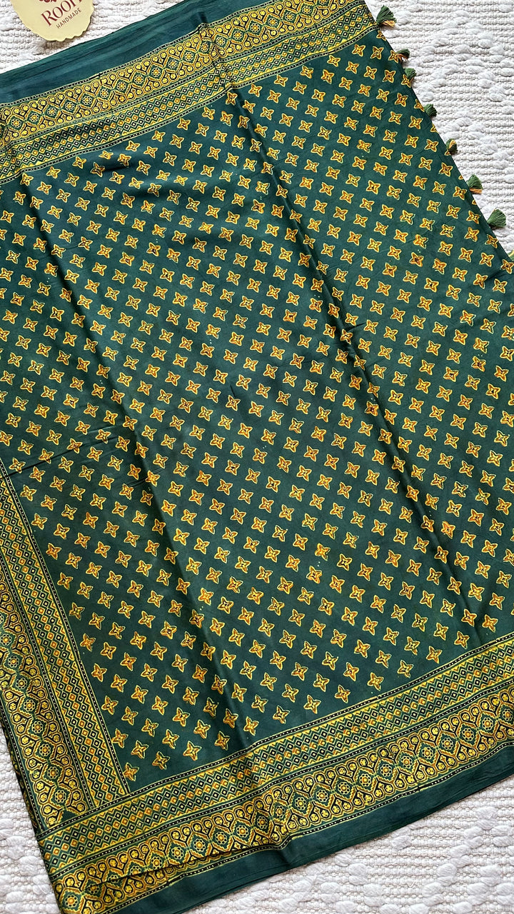 STARS IN THE FOREST - PREMIUM AJRAKH HAND BLOCK PRINTED MODAL SILK SAREE
