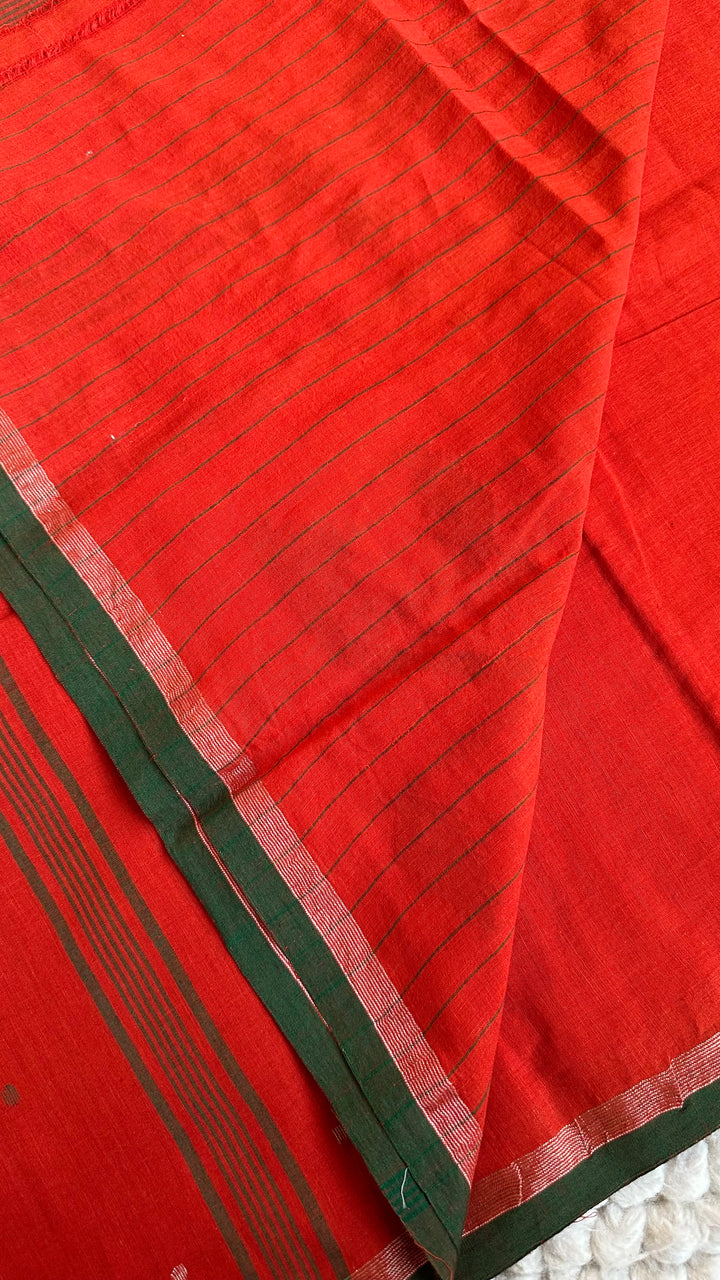 PREMIUM NEEDLE WORK JAMDANI HANDWOVEN AND HANDSPUN COTTON SAREE - RUST ORANGE