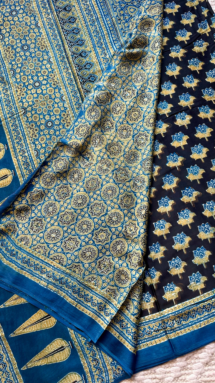 LOTUS BLOOMS 02 - SUPER PREMIUM & BUTTERY SOFT AJRAKH HAND BLOCK PRINTED MODAL SILK SAREE