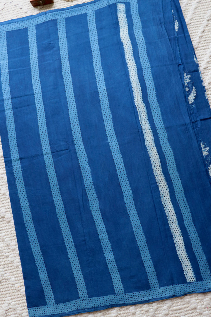 AKOLA INDIGO HAND BLOCK DABU PRINTED SOFT MULMUL COTTON SAREE- 019