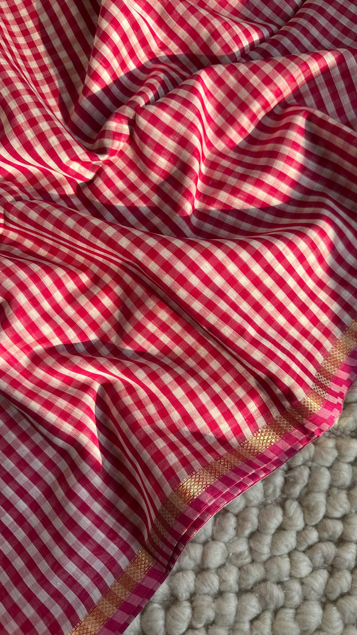 RANI PINK CHECKS - PREMIUM HANDWOVEN MAHESHWARI SILK BY COTTON SAREE (DISPATCH TIME IS 15-20 DAYS)