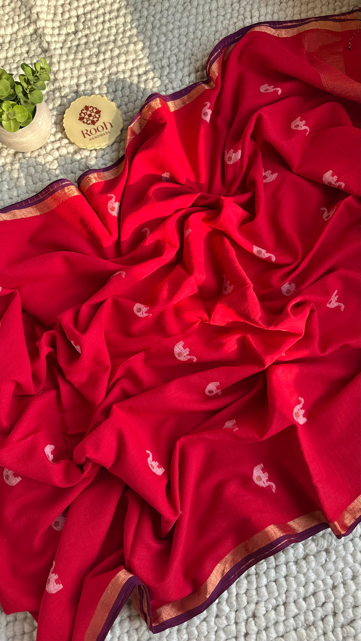 PREMIUM JAMDANI WEAVE HANDWOVEN AND HANDSPUN COTTON SAREE - CANDID RED