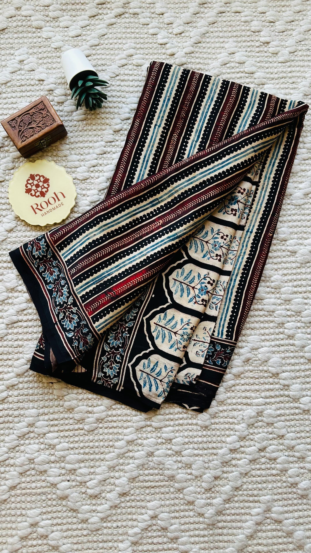 VRITIKA- BLACK STRIPED AJRAKH HAND BLOCK PRINTED PREMIUM MODAL SILK SAREE (ONLY AVAILABLE ON PRE ORDER- DISPATCH TIME IS 45-50 DAYS)