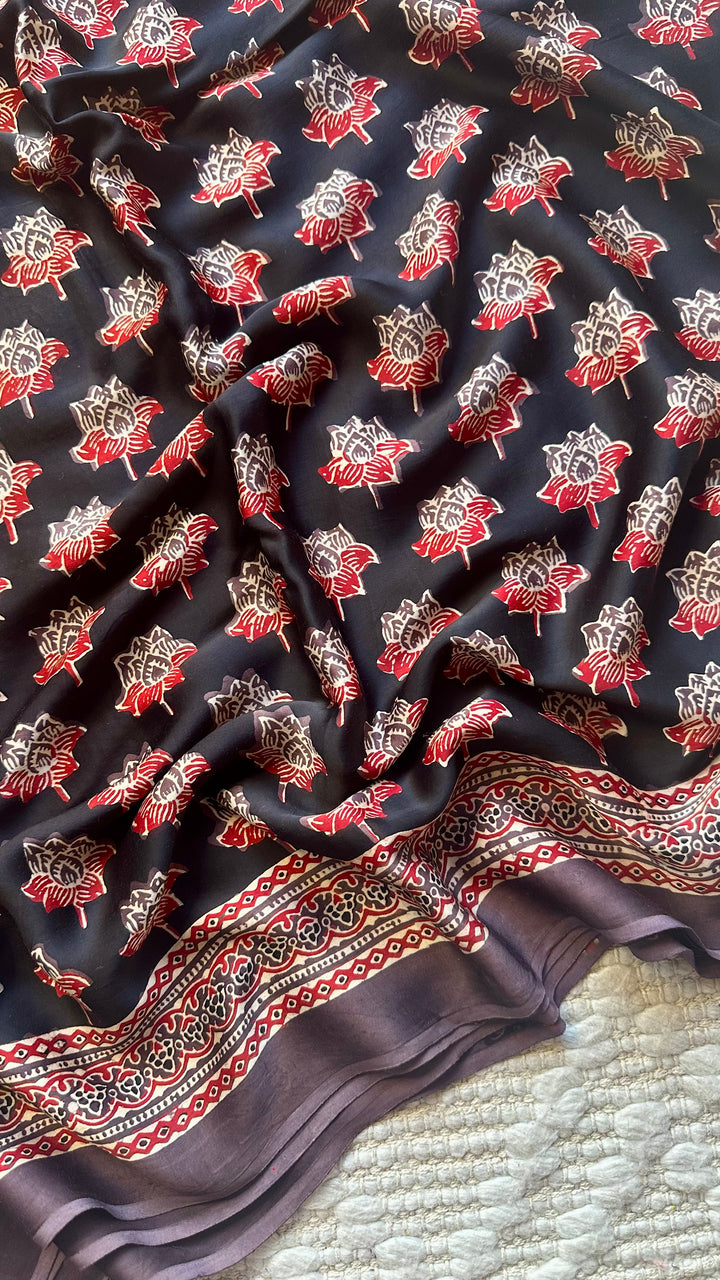 LOTUS BLOOMS 01 - SUPER PREMIUM & BUTTERY SOFT AJRAKH HAND BLOCK PRINTED MODAL SILK SAREE