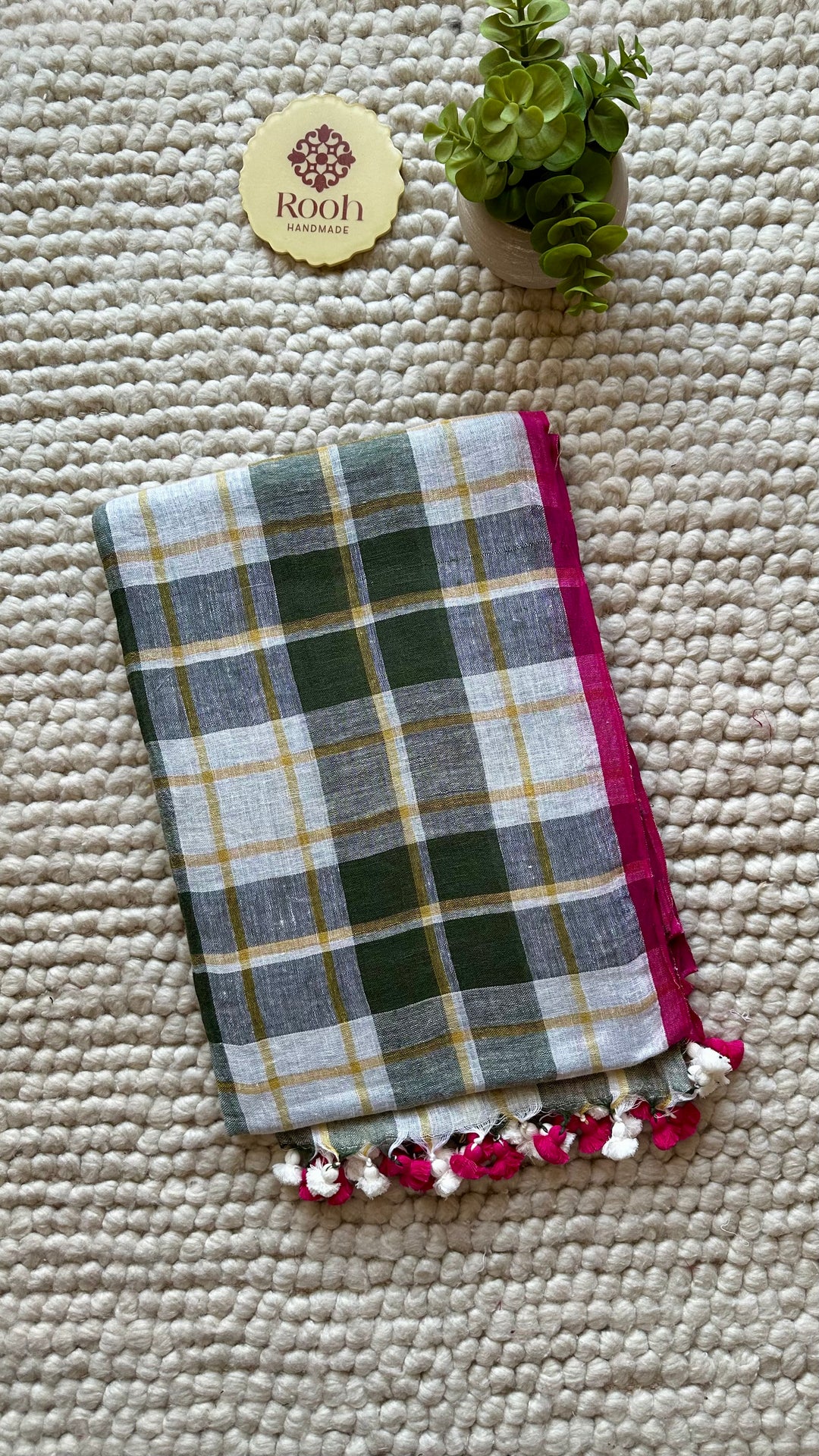 Multi Colour Checked Pure Handwoven Linen Saree - 006