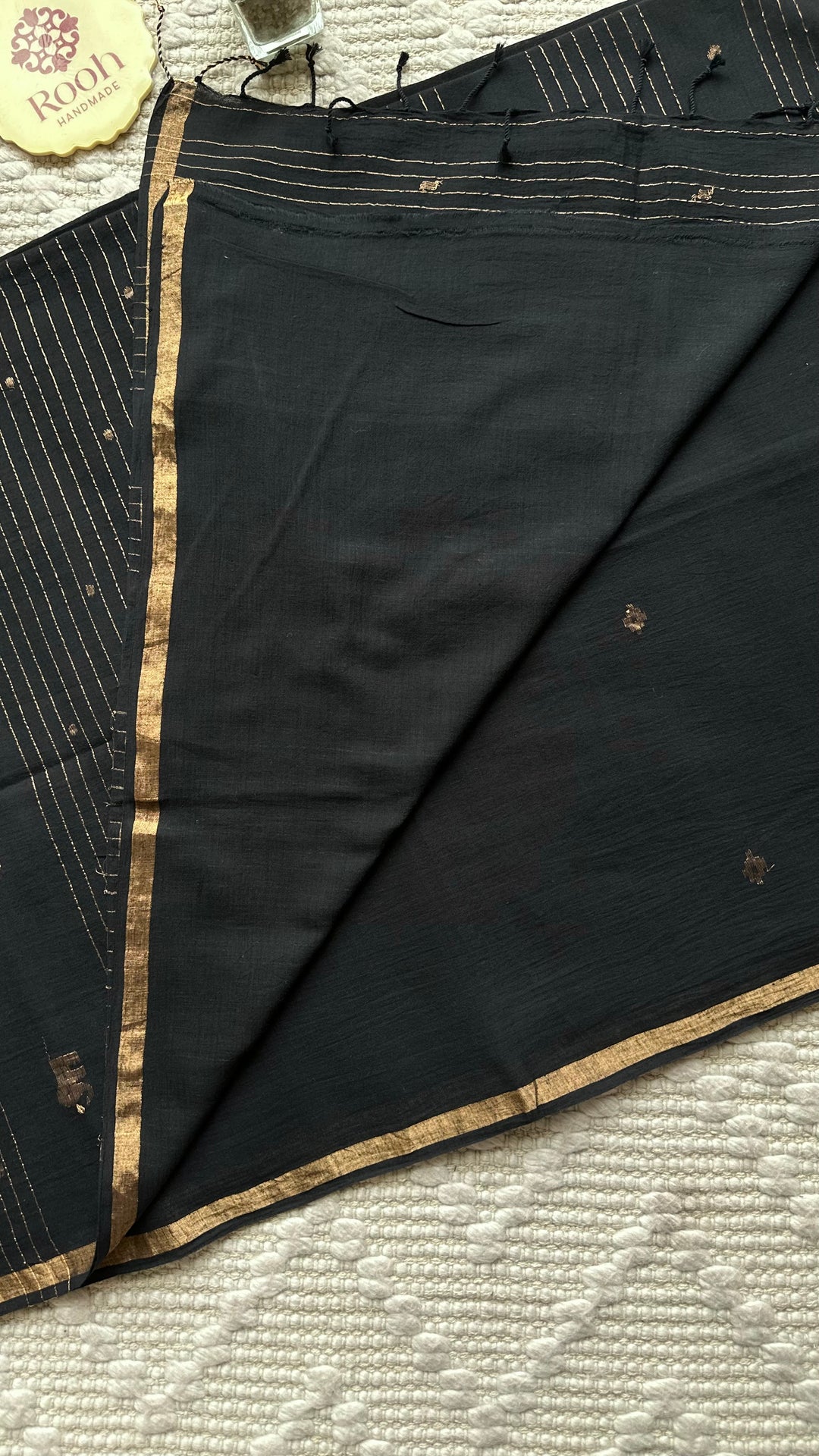 PREMIUM JAMDANI WEAVE HANDWOVEN AND HANDSPUN COTTON SAREE - RAVEN BLACK