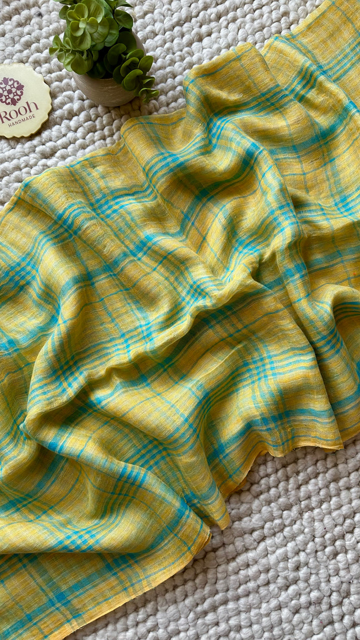 Multi Colour Checked Pure Handwoven Linen Saree - 005