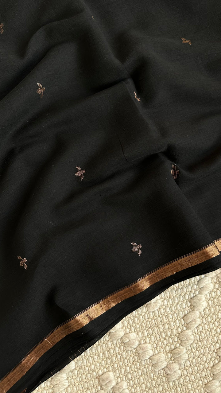 PREMIUM JAMDANI WEAVE HANDWOVEN AND HANDSPUN COTTON SAREE - MIDNIGHT BLACK (AVAILABLE ON PRE-ORDER - DISPATCH TIME IS 30-35 DAYS)