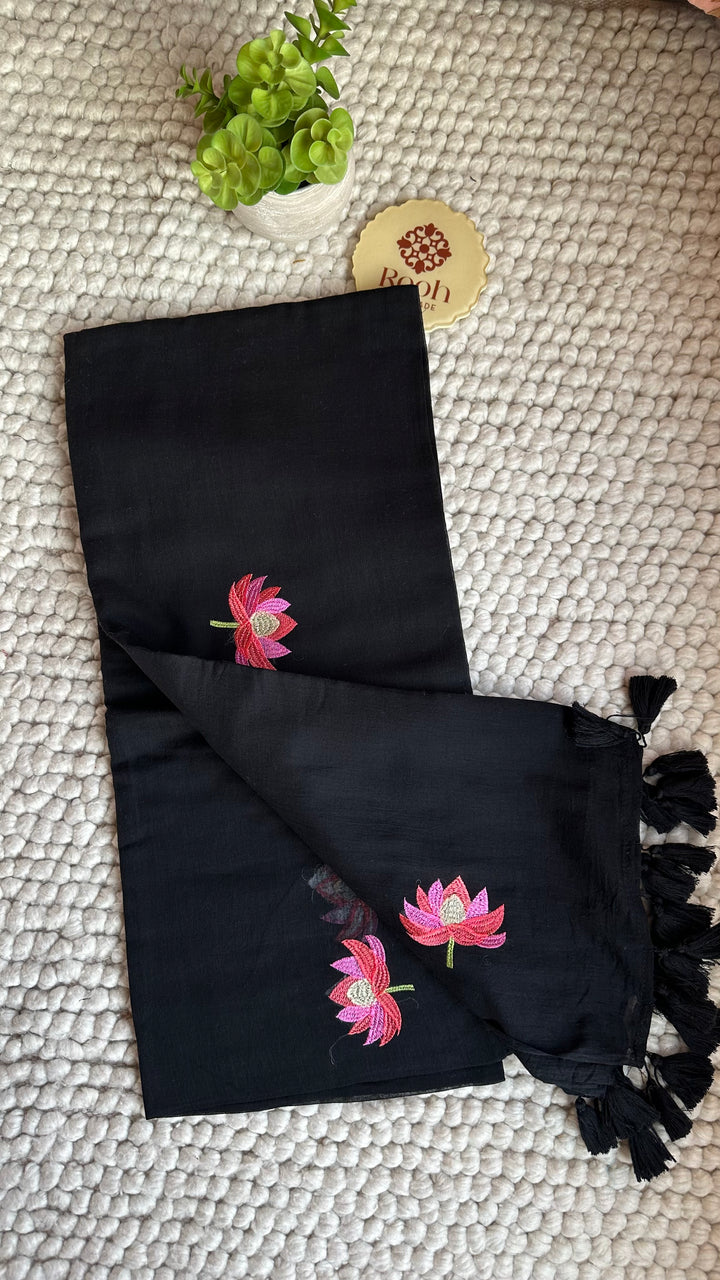 DEEP BLACK - LOTUS EMBROIDERED PURE SUPER SOFT MULMUL COTTON SAREE