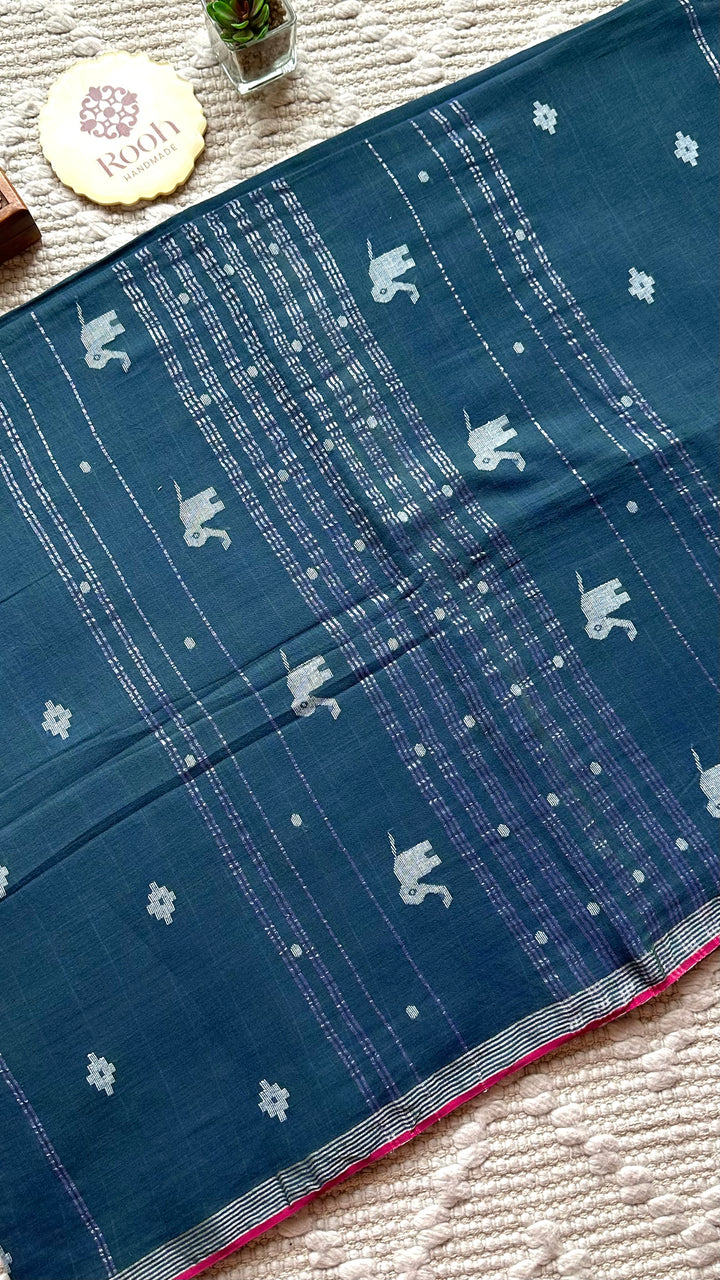 PREMIUM JAMDANI WEAVE HANDWOVEN AND HANDSPUN COTTON SAREE - PEACOCK BLUE