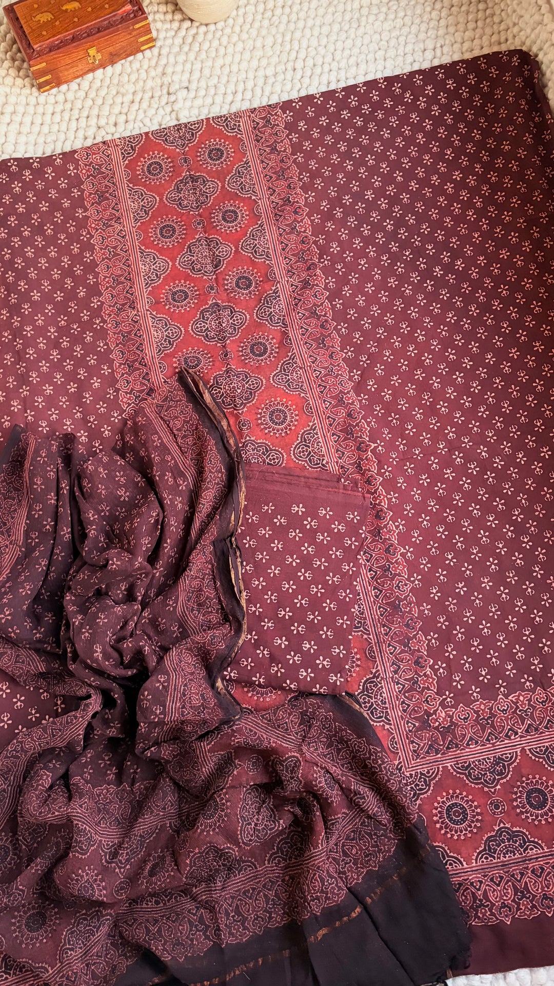 AJRAKH HANDBLOCK PRINTED UNSTITCHED DRESS MATERIAL (SET OF THREE)- CHOCOLATE BROWN