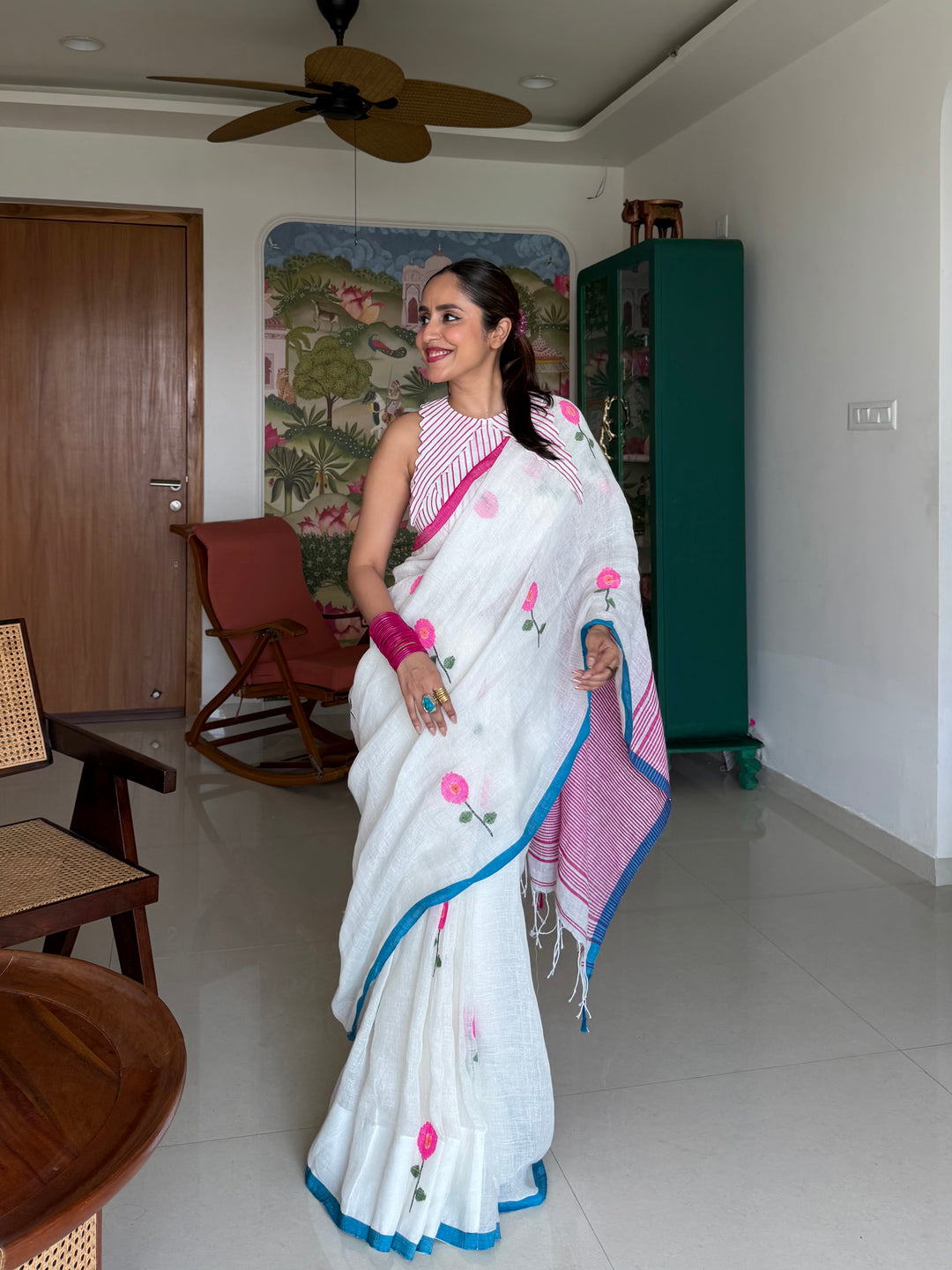 SUPER PREMIUM HANDWOVEN NEEDLE-WORK JAMDANI JAYASHREE LINEN SAREE - SUNFLOWERS ON IVORY