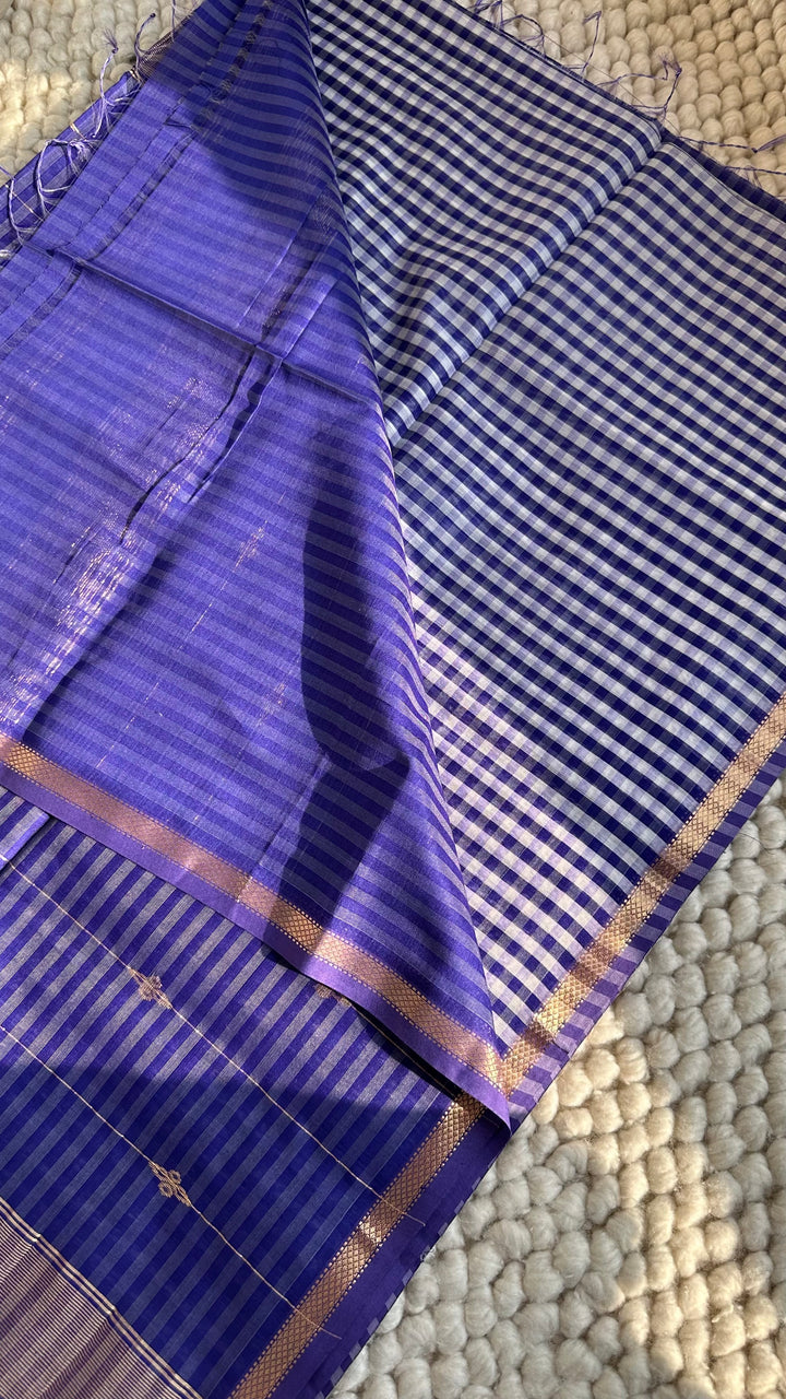 ROYAL PURPLE CHECKS - PREMIUM HANDWOVEN MAHESHWARI SILK BY COTTON SAREE (DISPATCH TIME IS 10-15 DAYS)