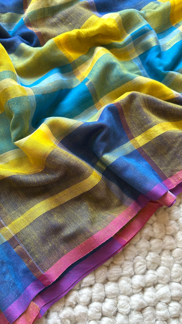 HANDWOVEN MULTICOLOUR ZARI CHECKS PURE MULMUL COTTON SAREE - 07