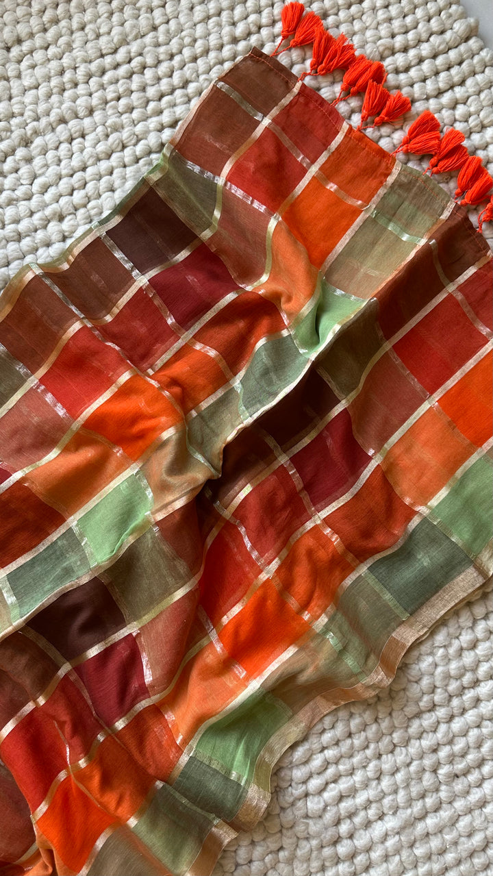 HANDWOVEN MULTICOLOUR CHECKERED MULMUL COTTON SAREE - 02 (DISPATCH TIME - 5 TO 7 DAYS)