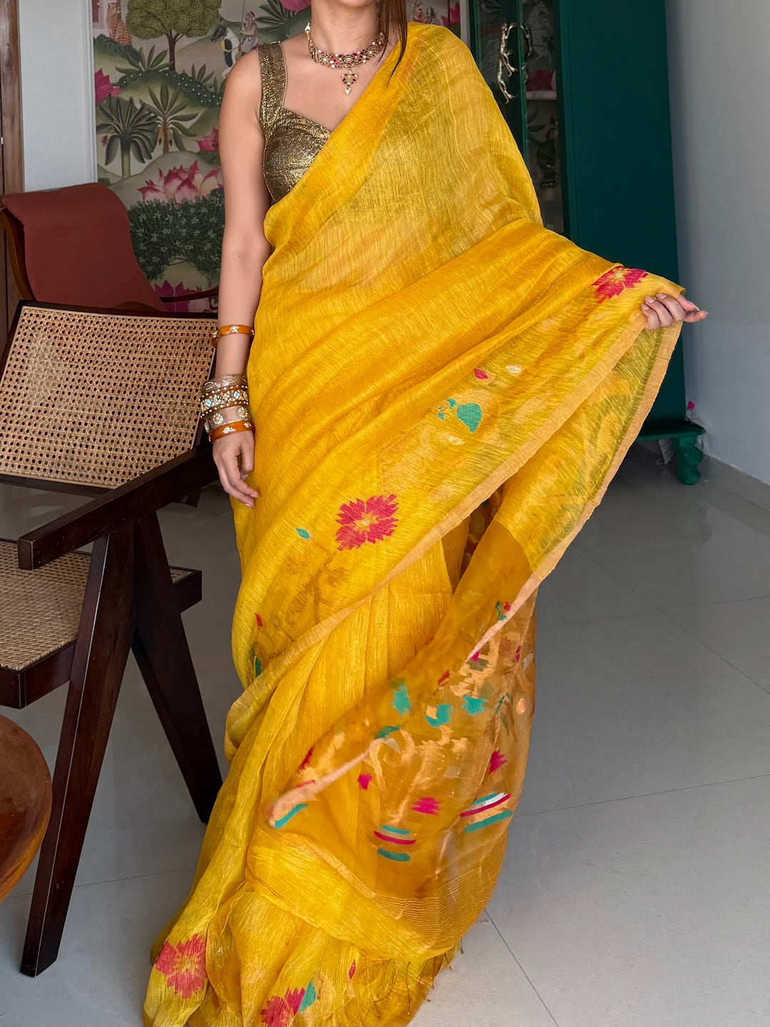 SUPER PREMIUM HANDWOVEN JAYASHREE LINEN BY TISSUE SILK NEEDLE-WORK JAMDANI SAREE - MUSTARD YELLOW