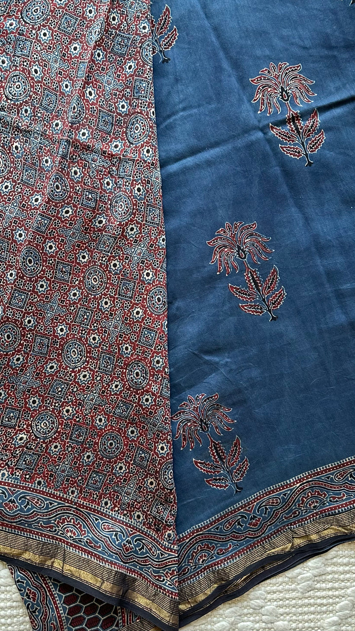 INDIGO BLOSSOMS - AJRAKH HAND BLOCK PRINTED SILK COTTON SAREE