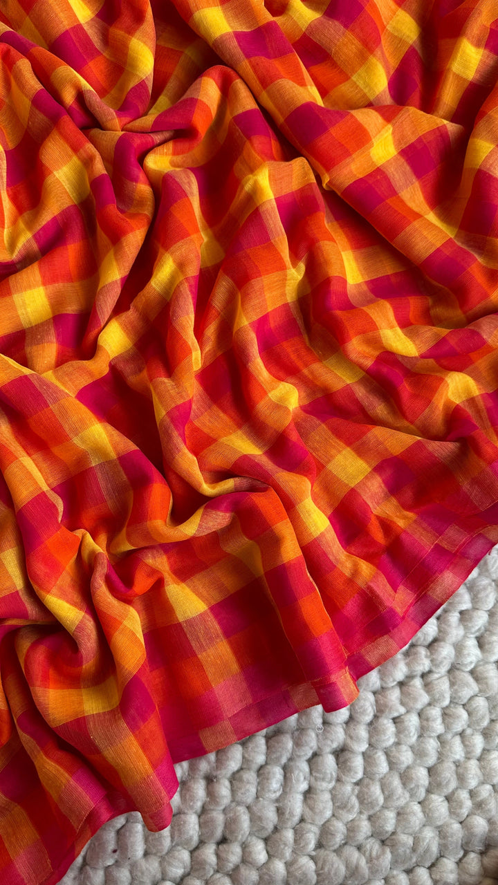 MULTICOLOUR CHECKS PURE SUPER SOFT MULMUL COTTON SAREE - 015