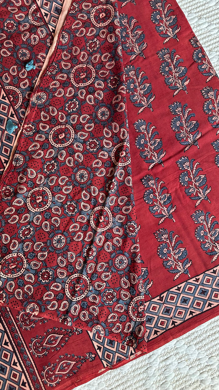 PREMIUM AJRAKH HAND BLOCK PRINTED PURE SOFT COTTON SAREE- 001