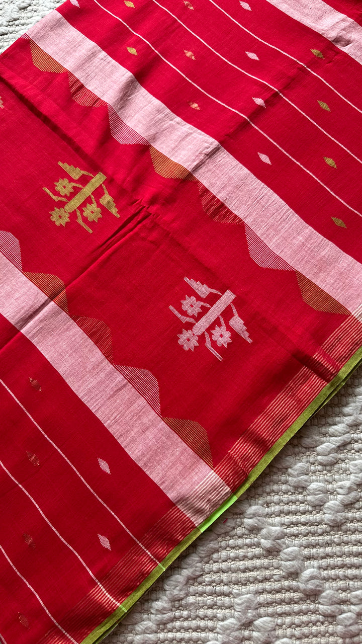 PREMIUM JAMDANI WEAVE HANDWOVEN AND HANDSPUN COTTON SAREE - CRIMSON RED