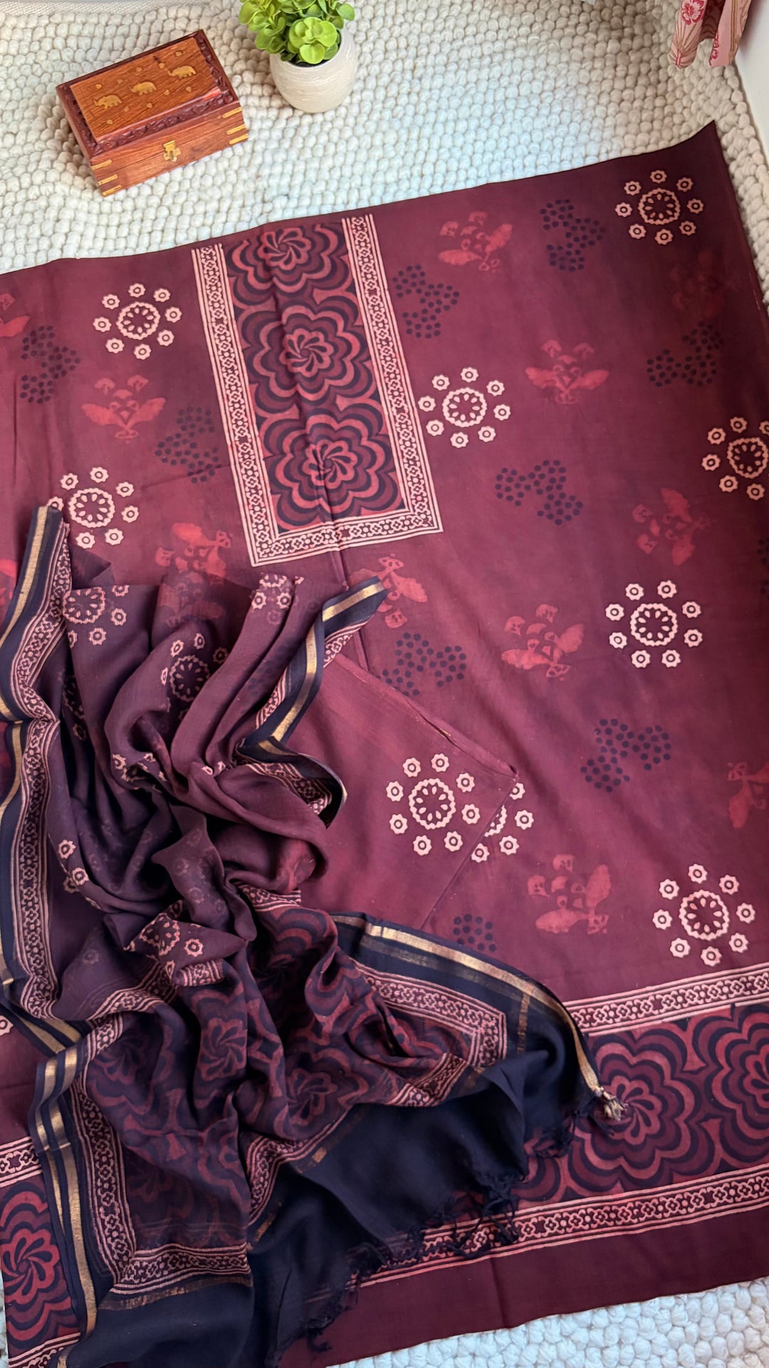AJRAKH HANDBLOCK PRINTED UNSTITCHED DRESS MATERIAL (SET OF THREE)- RUSTY BROWN