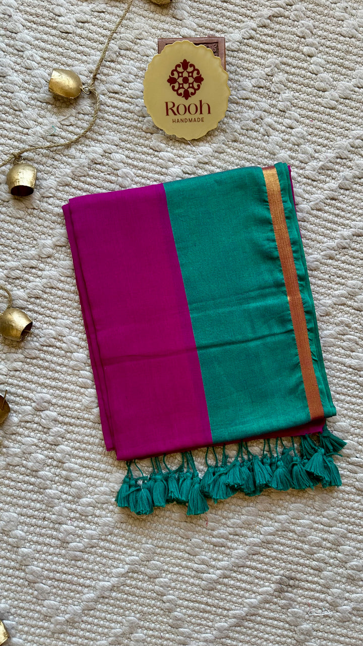 MAGENTA WITH CONTRAST TEAL GREEN  BORDER-  SUPER SOFT MUL COTTON SAREE