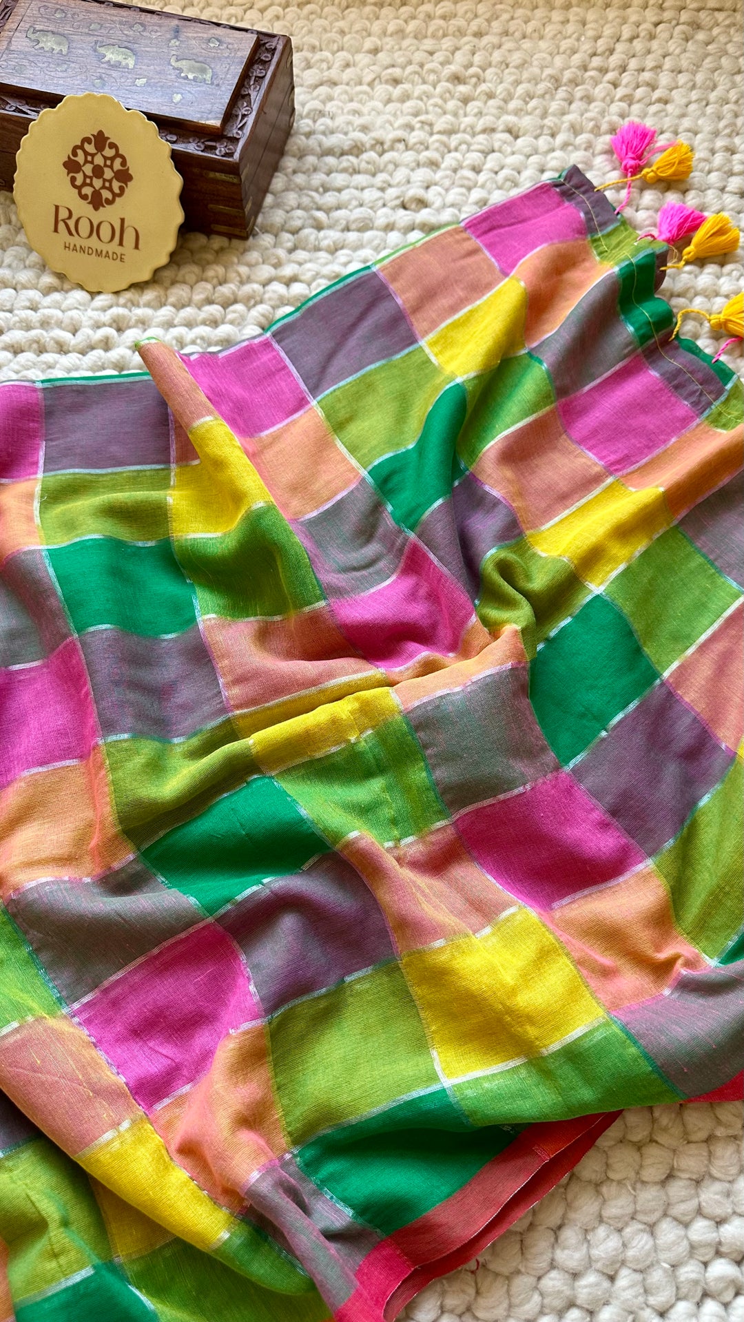 HANDWOVEN MULTICOLOUR ZARI CHECKS PURE MULMUL COTTON SAREE - 06
