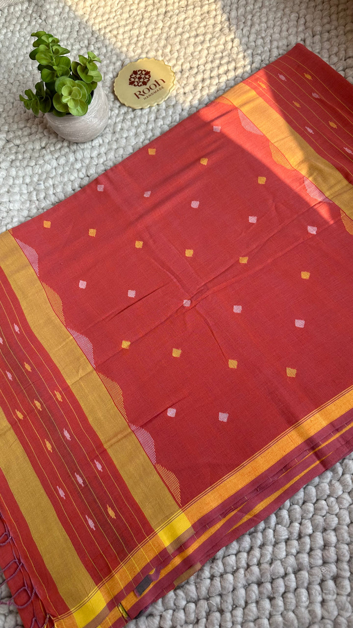 PREMIUM NEEDLE WORK JAMDANI HANDWOVEN AND HANDSPUN COTTON SAREE - PEACHY ORANGE