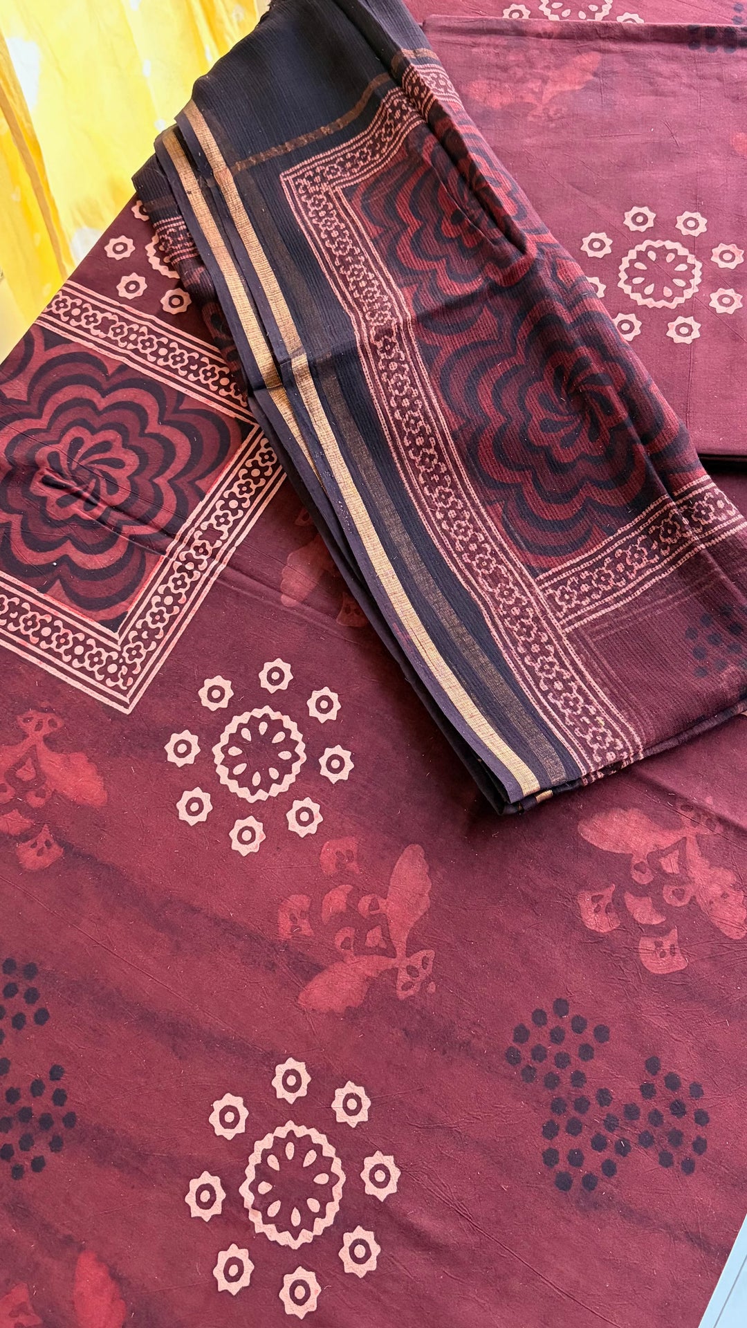 AJRAKH HANDBLOCK PRINTED UNSTITCHED DRESS MATERIAL (SET OF THREE)- RUSTY BROWN