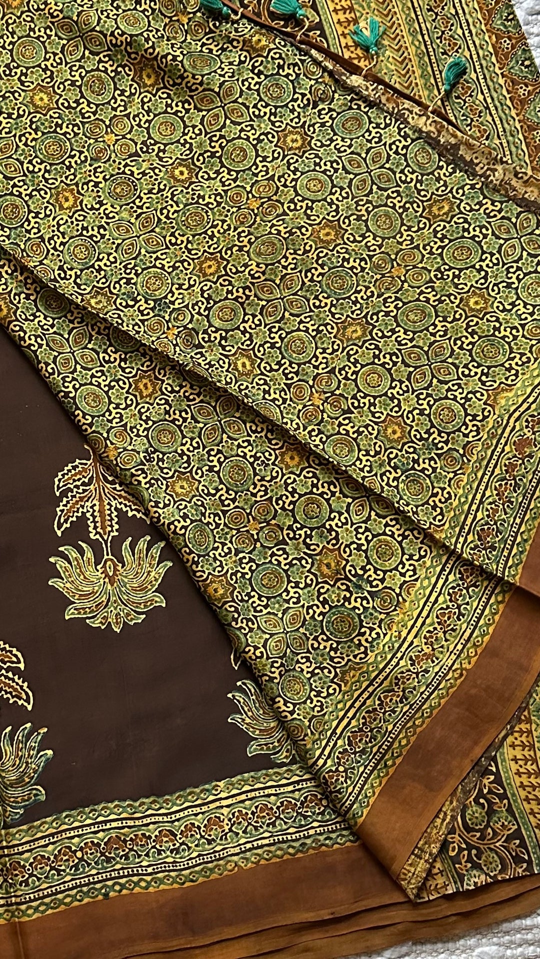 CINNAMON BLOSSOMS - DEEP BROWN PREMIUM AJRAKH HAND BLOCK PRINTED MODAL SILK SAREE(ONLY AVAILABLE ON PRE ORDER- DISPATCH TIME IS 30-45 DAYS)