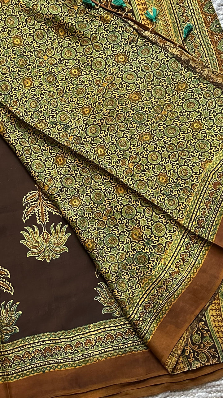CINNAMON BLOSSOMS - DEEP BROWN PREMIUM AJRAKH HAND BLOCK PRINTED MODAL SILK SAREE(ONLY AVAILABLE ON PRE ORDER- DISPATCH TIME IS 30-45 DAYS)