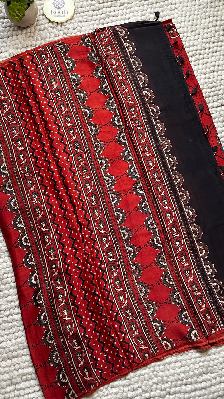 JHAROKHA- MADDER RED AJRAKH HAND BLOCK PRINTED PREMIUM MODAL SILK SAREE