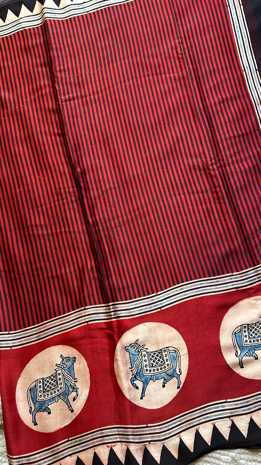 RED AND BLACK STRIPED PICHWAI - PREMIUM  AJRAKH HAND BLOCK PRINTED MODAL SILK SAREE (AVAILABLE ON PRE-ORDER - DISPATCH TIME IS 30-35 DAYS)