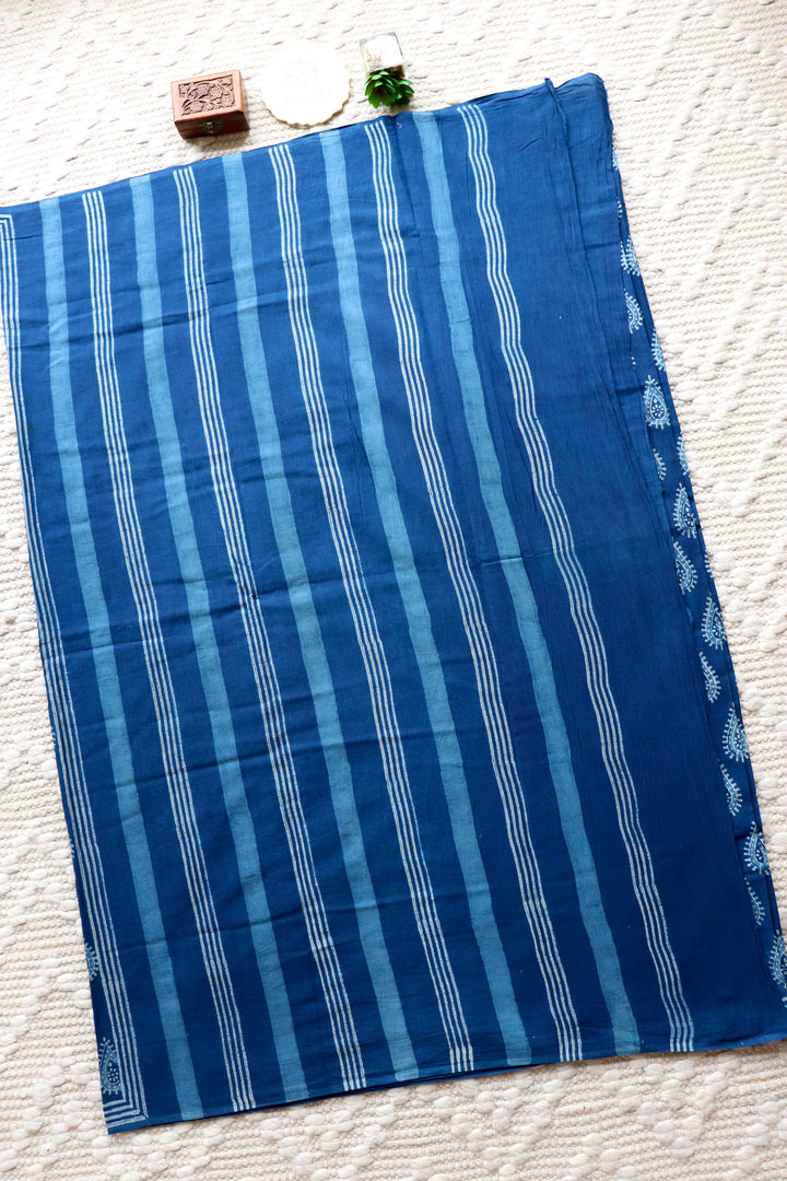 AKOLA INDIGO HAND BLOCK DABU PRINTED SOFT MULMUL COTTON SAREE- 021