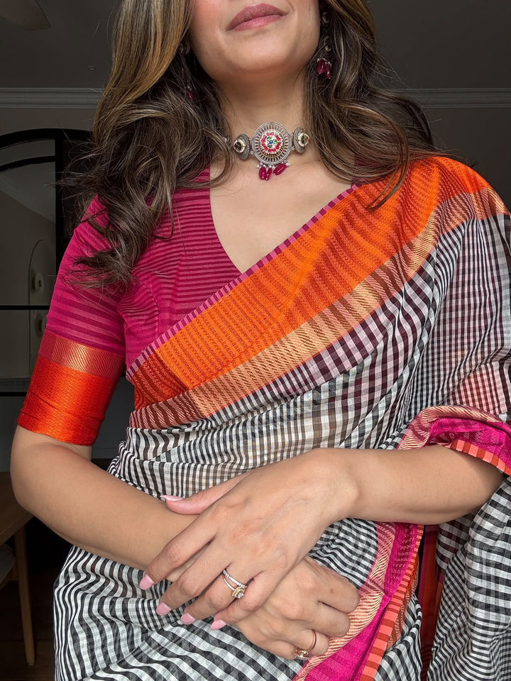 MONOCHROME MUSE- PREMIUM HANDWOVEN MAHESHWARI SILK BY COTTON SAREE (DISPATCH TIME IS 10-15 DAYS)