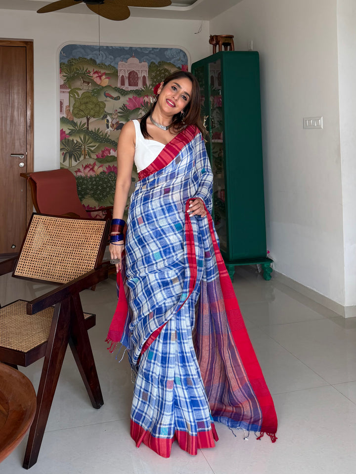 SUPER PREMIUM JAMDANI WEAVE HANDWOVEN MADRAS CHECKS JAYASHREE LINEN SAREE - ROYAL BLUE AND RED