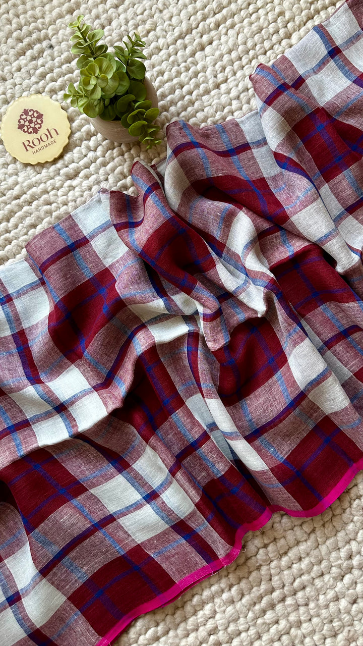 Multi Colour Checked Pure Handwoven Linen Saree - 007